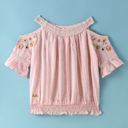 Kookie Kids Cold Shoulder Top with  Floral Embroidery - Pink-image-59