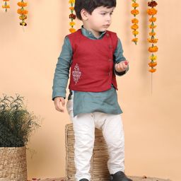 Polka Tots Cotton Full Sleeves Solid   Kurta Pyjama With Absttract Embroidered Jacket - Grey-image-93