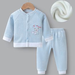 Kookie Kids Raglan Sleeves Front Open Winter Wear Suit with Bear Embroidery - Sky Blue-image-77
