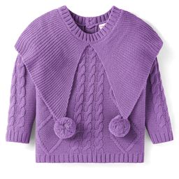 Babyhug Woven Full Sleeves Cable Knit Design Sweater With Pom Pom Applique - Purple-picture-1