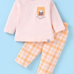 Teddy Sinker Knit Full Sleeves Checkered Animal & Text Printed Night Suit - Peach-picture-4