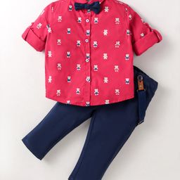 ToffyHouse Poplin Woven Full Sleeves Teddy Bear Printed Party Shirt & Trouser With Bow & Suspender - Navy Blue-image-81