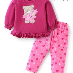Babyoye 100% Cotton Knit Full Peasant Sleeves Night Suit with Bear Patch Detailing - Dark Pink-image-18