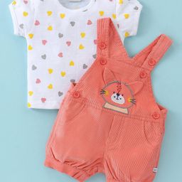 Wonderchild Cat Embroidered Dungaree With Half Sleeves Hearts Printed Top - White & Deep Peach-image-38