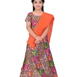 Itsmycostume Cotton Navratri Theme Half Sleeves Ethnic Motif Embroidered & Mirror Embellished Lehenga Choli With Dupatta Set - Orange-image-61