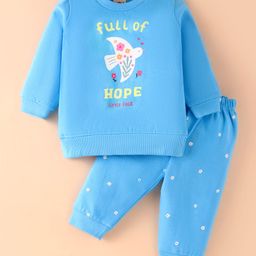 Zero Fleece Knit Full Sleeves T-Shirt & Lounge Pants Set With Bird & Text Print - Light Blue-image-40