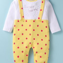 Wonderchild Full Sleeves Strawberry Printed Romper - White & Lemon Yellow-image-26
