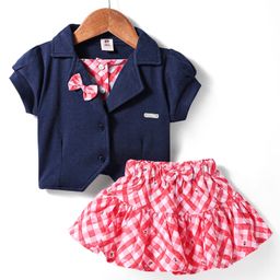 ToffyHouse Interlock Knit Half Puffed Sleeves Collared Top & Checkered Skirt with Bow Applique - Navy Blue-picture-35