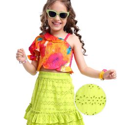 Ollington St. Georgette Printed One-Shoulder Top & Schiffli Skirt - Dark Pink & Green-image-98
