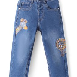 Babyhug Denim Full Length Washed Jeans With Stretch & Animal Patch -Blue-image-97