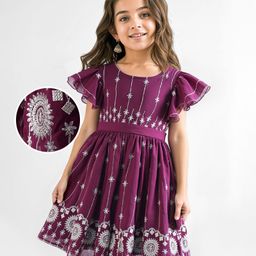 Babyhug Woven Flutter Sleeves Ethnic Dress With Floral Embroidery & Sequin Detailing - Wine-image-65