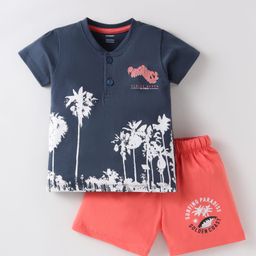 CUCUMBER Sinker Knit Half Sleeves T-Shirt & Shorts Set with Beach Theme Print - Navy Blue-image-35