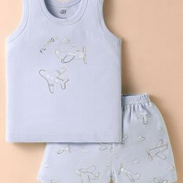 Zero Interlock Knit Sleeveless Shorts Nightsuit with Airplane Print - Light Blue-picture-21