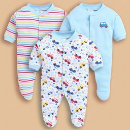 Wonderchild Interlock Pack Of 3 Full Sleeves Vehicles Printed & Striped Rompers - Blue & Multi Colour-22