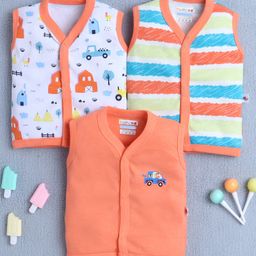 BUMZEE Cotton Pack Of 3 Sleeveless Colour Blocked & Car Printed Jablas - Orange & White-image-91