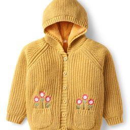 Babyhug Knit Full Raglan Sleeves Hooded Sweater With Floral Embroidery - Mustard-image-95