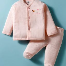 Zero Knitted Full Sleeves Footed Night Suit with Honey Bee Print - Peach-picture-44