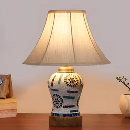 Devansh Off White Textured Frustum Shaped Wooden Table Lamp-21