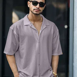 Maniac Comfort Textured Short Sleeves Shirt Collar Opaque Cotton Oversized Shirt-image-71