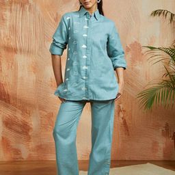 VASTRAMAY Printed Linen Shirt Collar Shirt With Trousers Co-Ords Set-picture-40