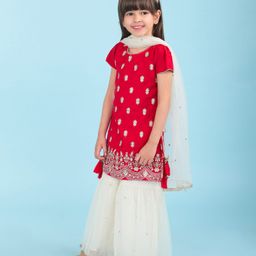 Babyhug Woven Short Sleeves Chanderi Embroidered Kurti With Sequenced Net Embroidered Sharara & Dupatta Set  With Tassle Detailing - Red image 2