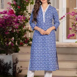 DAEVISH Geometric Printed V-Neck Pure Cotton Straight Kurta-image-44