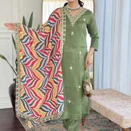 Navlik Floral Embroidered Straight Kurta With Trouser And Dupatta-image-77