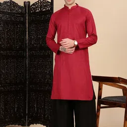 House of Pataudi Textured Mandarin Collar Cotton Straight Kurta-picture-18