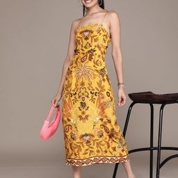 Label Ritu Kumar Yellow & Brown Ethnic Motifs Printed Styled Back Crepe A-Line Maxi Dress-image-13