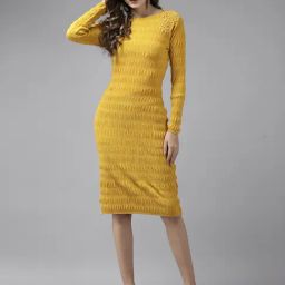 KASSUALLY Mustard Embellished Bodycon Dress-image-12