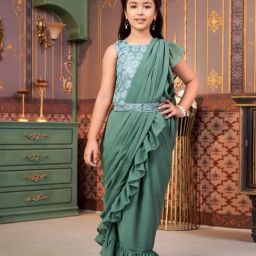 Aarika Girls Green Embroidered Lehenga Choli Set-image-58