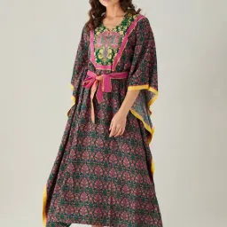 The Kaftan Company Green & Pink Printed Kaftan Nighty-picture-42