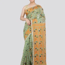 Pinkloom Green & Orange Cotton Woven Saree-image-32