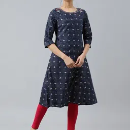 W Navy Printed A Line Kurta-image-71