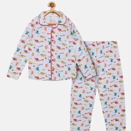 Kiddopanti Kids White Printed Full Sleeves Shirt with Pyjamas-image-61
