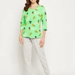 Clovia Green & Grey Cotton Printed Top With Joggers-0
