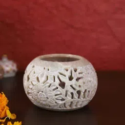 Aapno Rajasthan White Soapstone Circular Tealight Holder-image-5