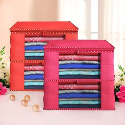 Aura Red & Pink 4 Pieces Hathkadi Piping Foldable Non-Woven Multi-Utility Organisers-9