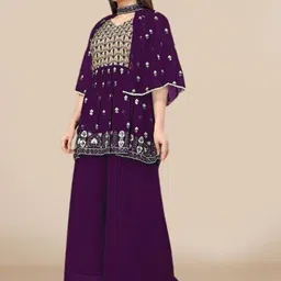 PARROT CREATION Floral Embroidered Georgette Anarkali Kurti With Sharara-image-57
