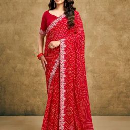 Satrani Red Georgette Printed Saree With Unstitched Blouse-picture-36