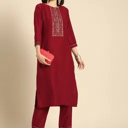 Anouk Women Red Floral Yoke Design Regular Pure Cotton Kurta with Palazzos-30