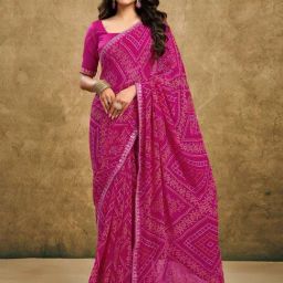 Satrani Pink Georgette Printed Saree With Unstitched Blouse-image-13