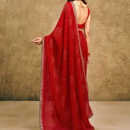 Satrani Red Georgette Printed Saree With Unstitched Blouse image 2