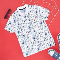 Pantaloons Junior Kids White & Blue Cotton Floral Print Polo T-Shirt-picture-10