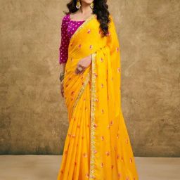 Satrani Yellow Chiffon Printed Saree With Unstitched Blouse-picture-0