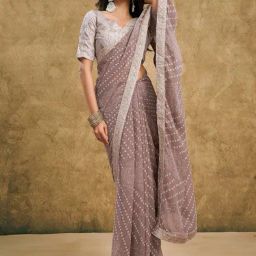 Satrani Mauve Georgette Printed Saree With Unstitched Blouse-2