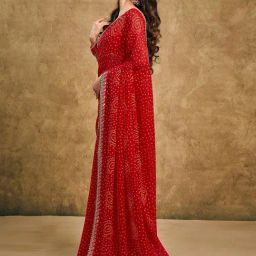 Satrani Red Georgette Printed Saree With Unstitched Blouse image 3