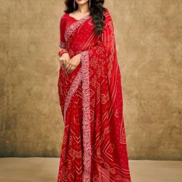 Satrani Red Georgette Printed Saree With Unstitched Blouse-image-19