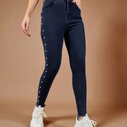 DOLCE CRUDO Dark Blue Embellished High Rise Stretchable Jeans-image-42