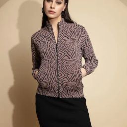 Global Republic Dark Brown Geometric Print Front-Open Sweatshirt-image-77